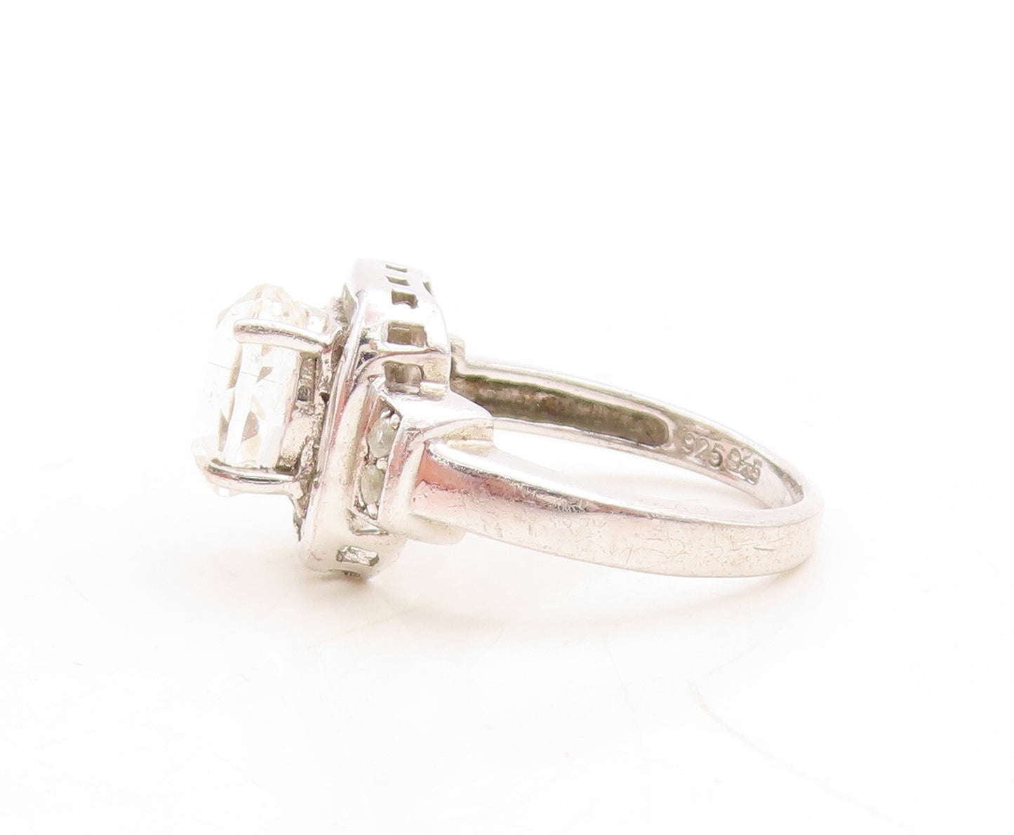 925 Sterling Silver Vintage Ring Oval Cut Halo Topaz Square Inlay  Sz 7  RG31620