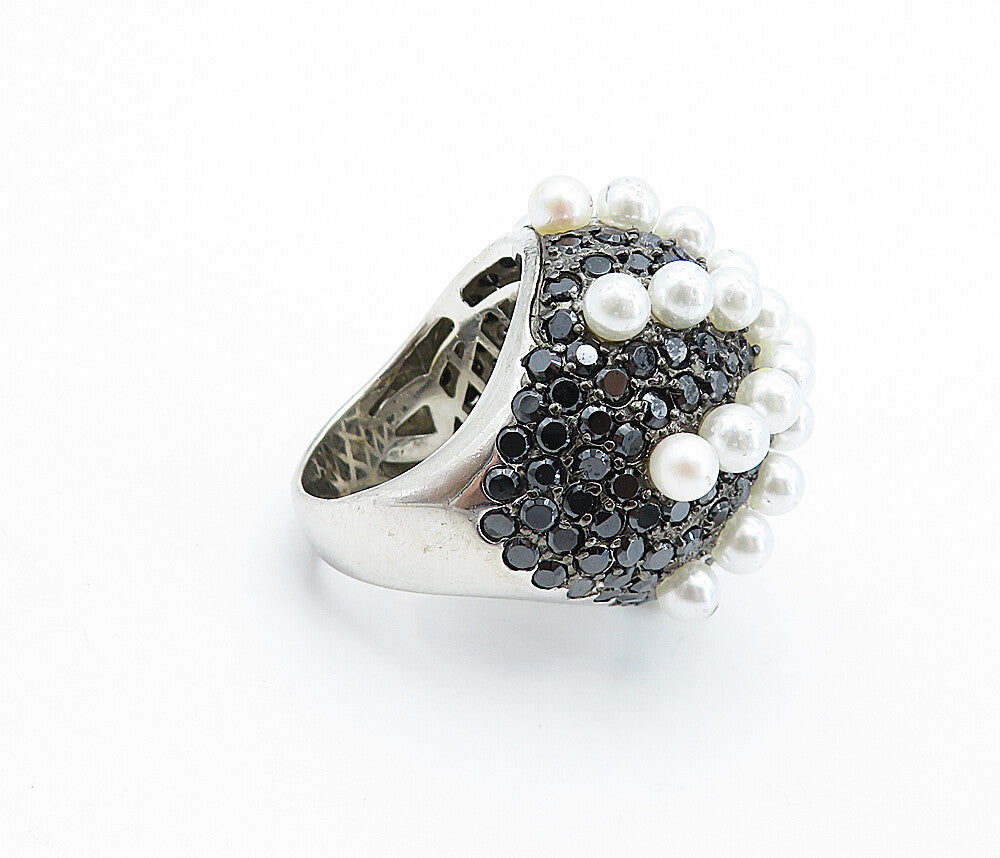 925 Sterling Silver  Pearls & Hematite Modernist Cocktail Ring Sz 7.5  RG6631