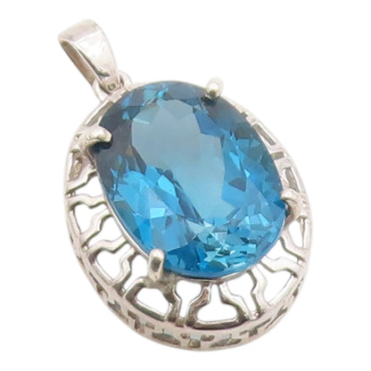 925 Sterling Silver Vintage Pendant Modernist Oval Cut Blue Topaz Charm  PT26336
