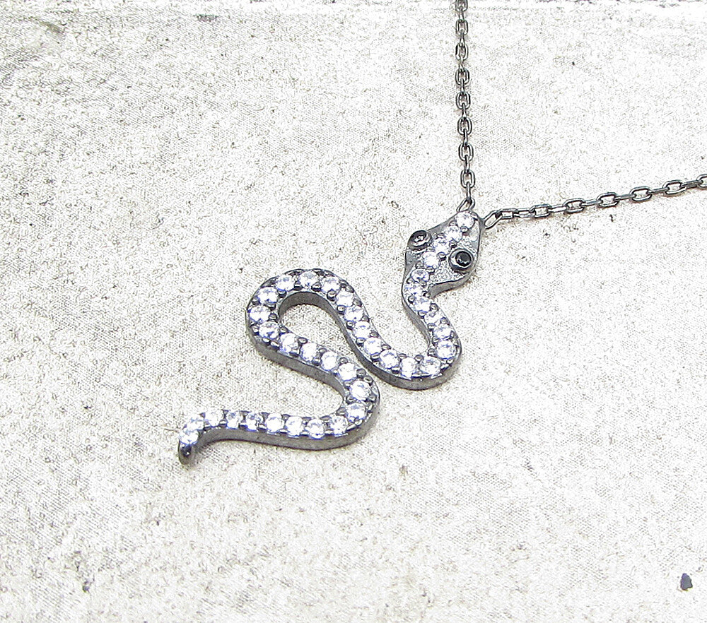 925 Silver  Sapphire & Cubic Zirconia Dark Tone Snake Chain Necklace  PT1351