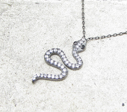 925 Silver  Sapphire & Cubic Zirconia Dark Tone Snake Chain Necklace  PT1351