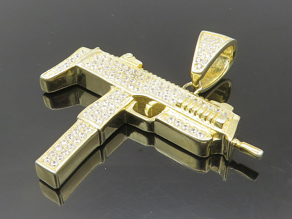 925 Sterling Silver  Cubic Zirconia Encrusted Machine Gun Pendant  PT8006