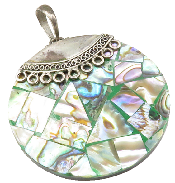 925 Sterling Silver  Vintage Abalone Shell Mosaic Round Drop Pendant  PT10246
