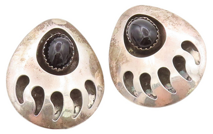 925 Sterling Silver Vintage Earrings SOUTHWESTERN Onyx Animal Foot Print EG13574
