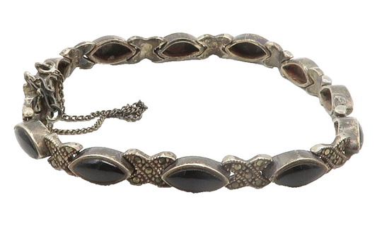 925 Sterling Silver  Vintage Black Onyx & Marcasite XO Chain Bracelet  BT5718