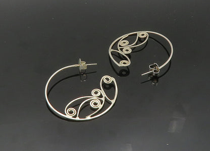 925 Sterling Silver  Vintage Shiny Open Swirl Design Hoop Earrings  EG10214