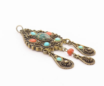 925 Sterling Silver Vintage Pendant Gold Plated Turquoise & Gemstones  PT24605