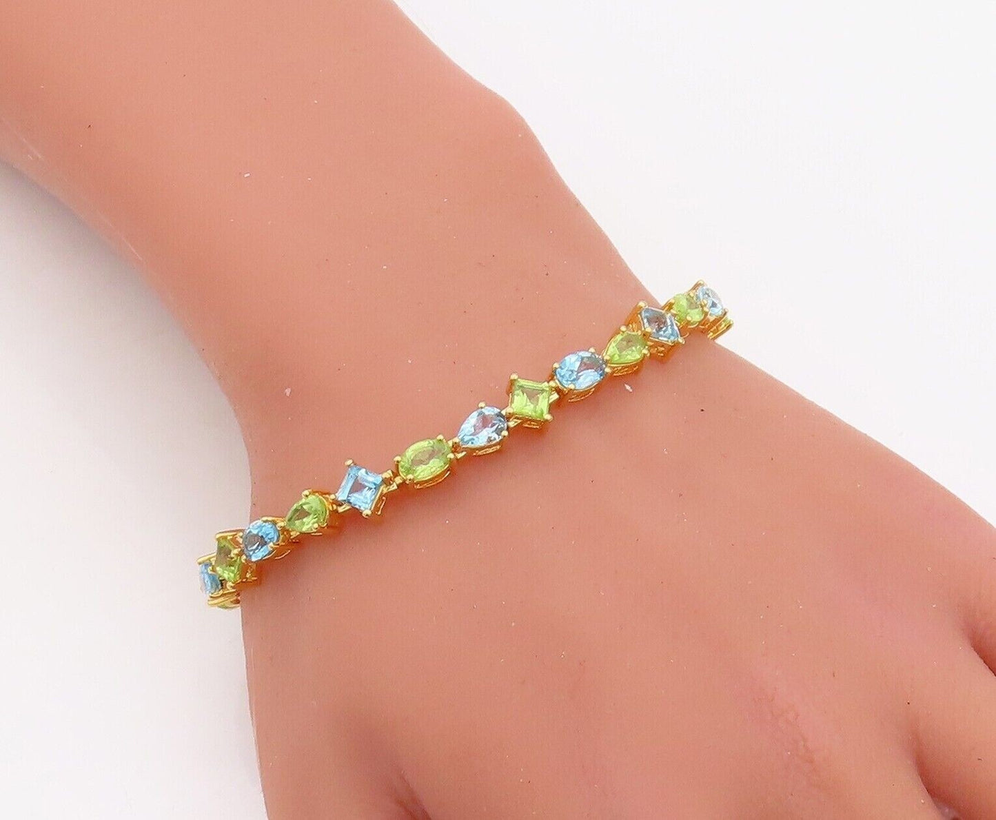 925 Sterling Silver Vintage Bracelet Gold Plated Blue Topaz & Peridot  BT10781