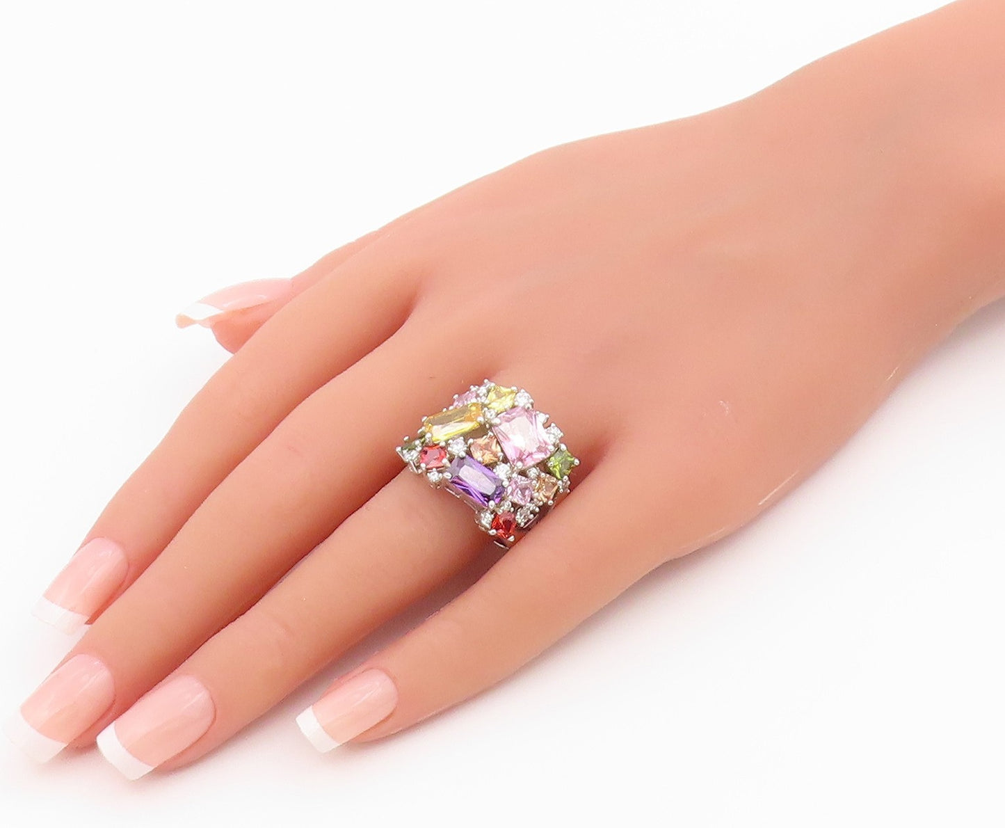 925 Sterling Silver Vintage Ring Multi Gemstone Cluster Band  Sz 10.5  RG36437