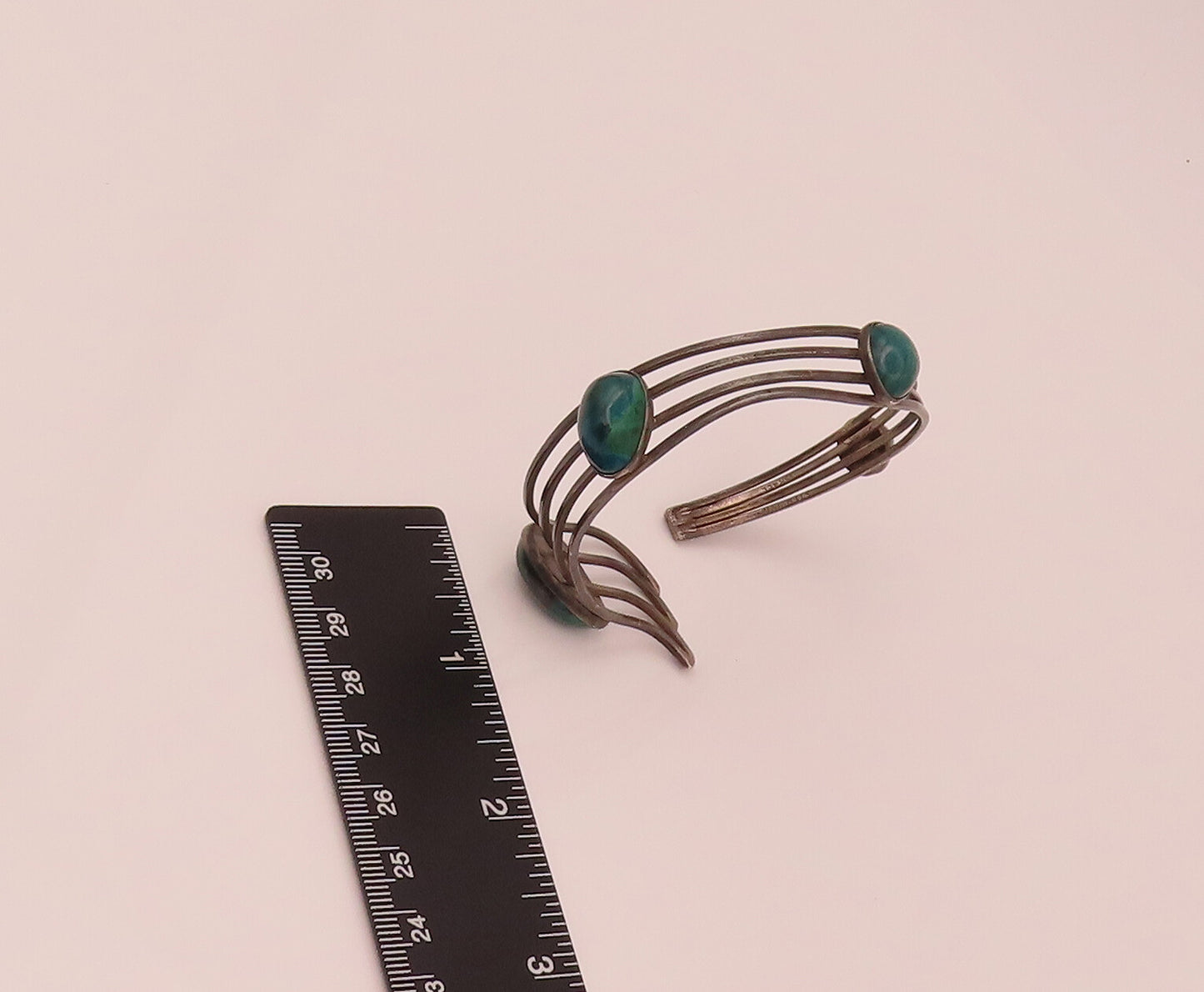 ISRAEL 925 Sterling Silver Vintage Modernist Malachite Cuff Bracelet  BT9848