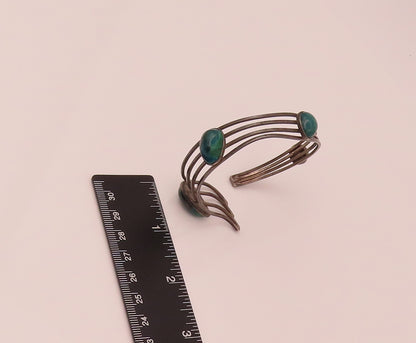 ISRAEL 925 Sterling Silver Vintage Modernist Malachite Cuff Bracelet  BT9848