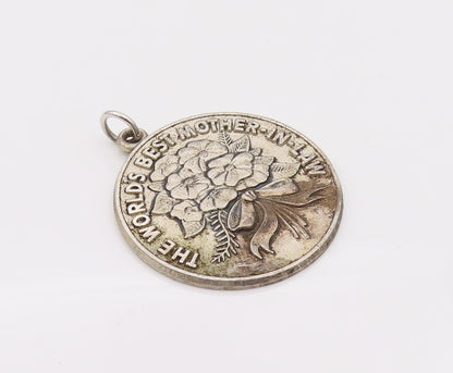 925 Sterling Silver Vintage Best Mother In Law Medal Carved Pendant PT22097
