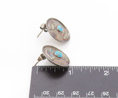 925 Sterling Silver Vintage Earrings Antique Etched Turquoise Disk  EG13593