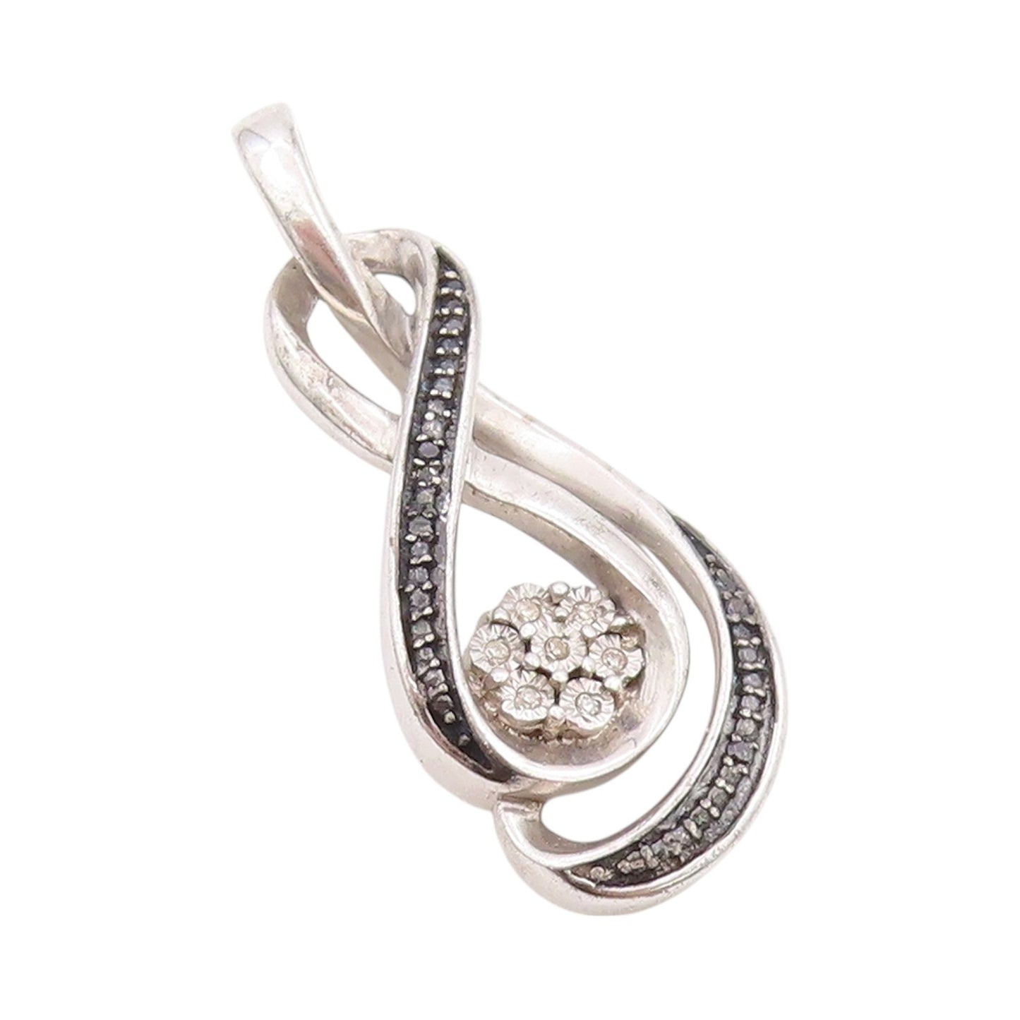 925 Sterling Silver Vintage Pendant Black White Diamonds Infinity Flower PT24504