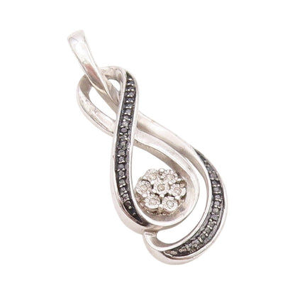 925 Sterling Silver Vintage Pendant Black White Diamonds Infinity Flower PT24504