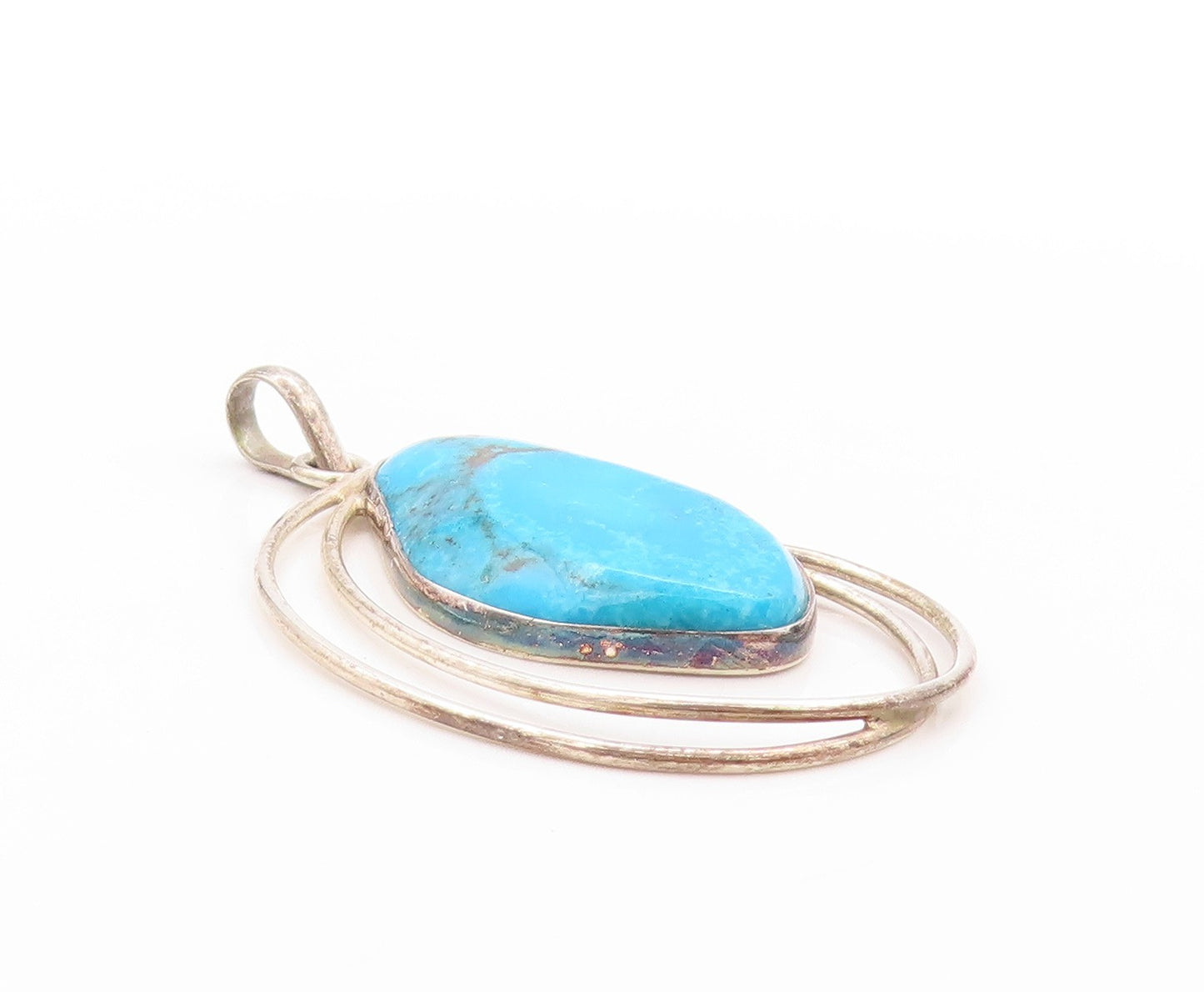 925 Sterling Silver Vintage Pendant Modernist Turquoise Wired Design  PT24208
