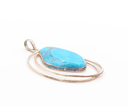 925 Sterling Silver Vintage Pendant Modernist Turquoise Wired Design  PT24208