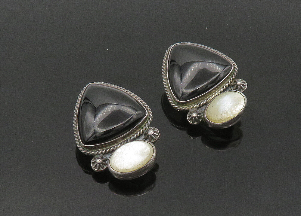 REVE 925 Silver  Vintage Onyx & Mother Of Pearl Non  Pierce Earrings  EG10289