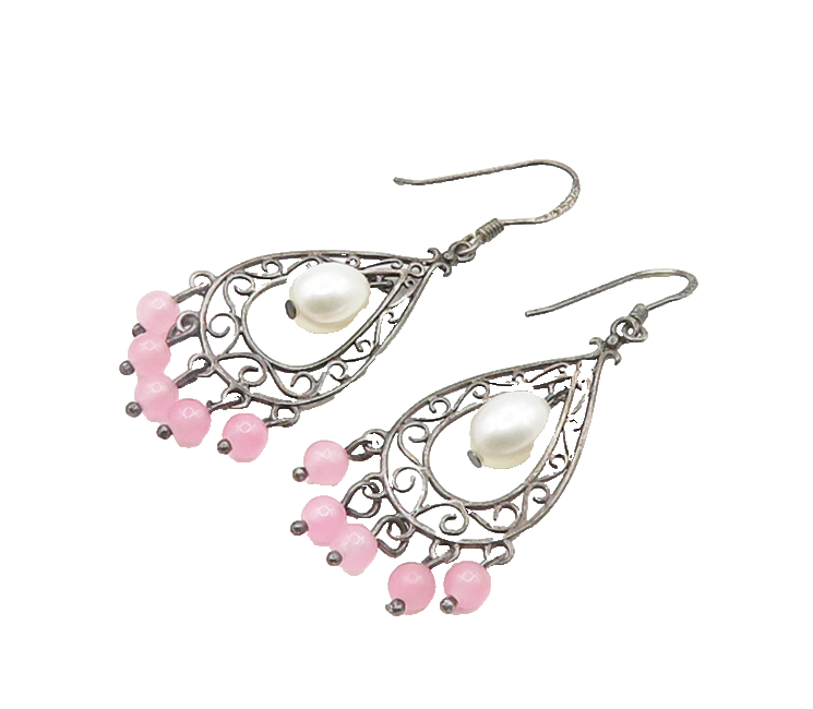 925 Sterling Silver  Vintage Pearl & Rose Quartz Swirl Dangle Earrings  EG9584