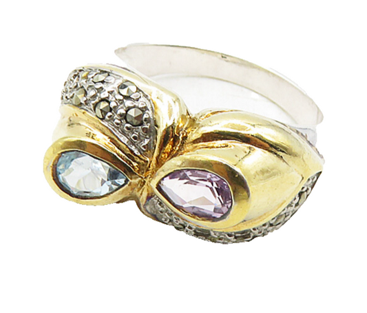 925 Sterling Silver Amethyst Topaz & Marcasite Two Tone Band Ring Sz 8  RG9275