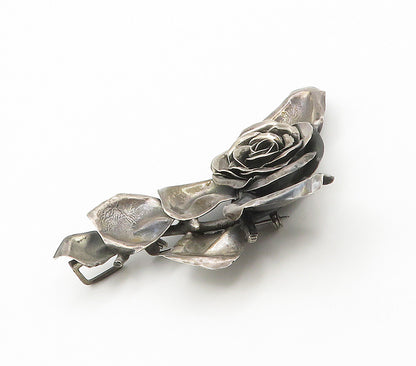 925 Sterling Silver  Vintage Handmade Sculpted Rose Flower Brooch Pin  BP6097