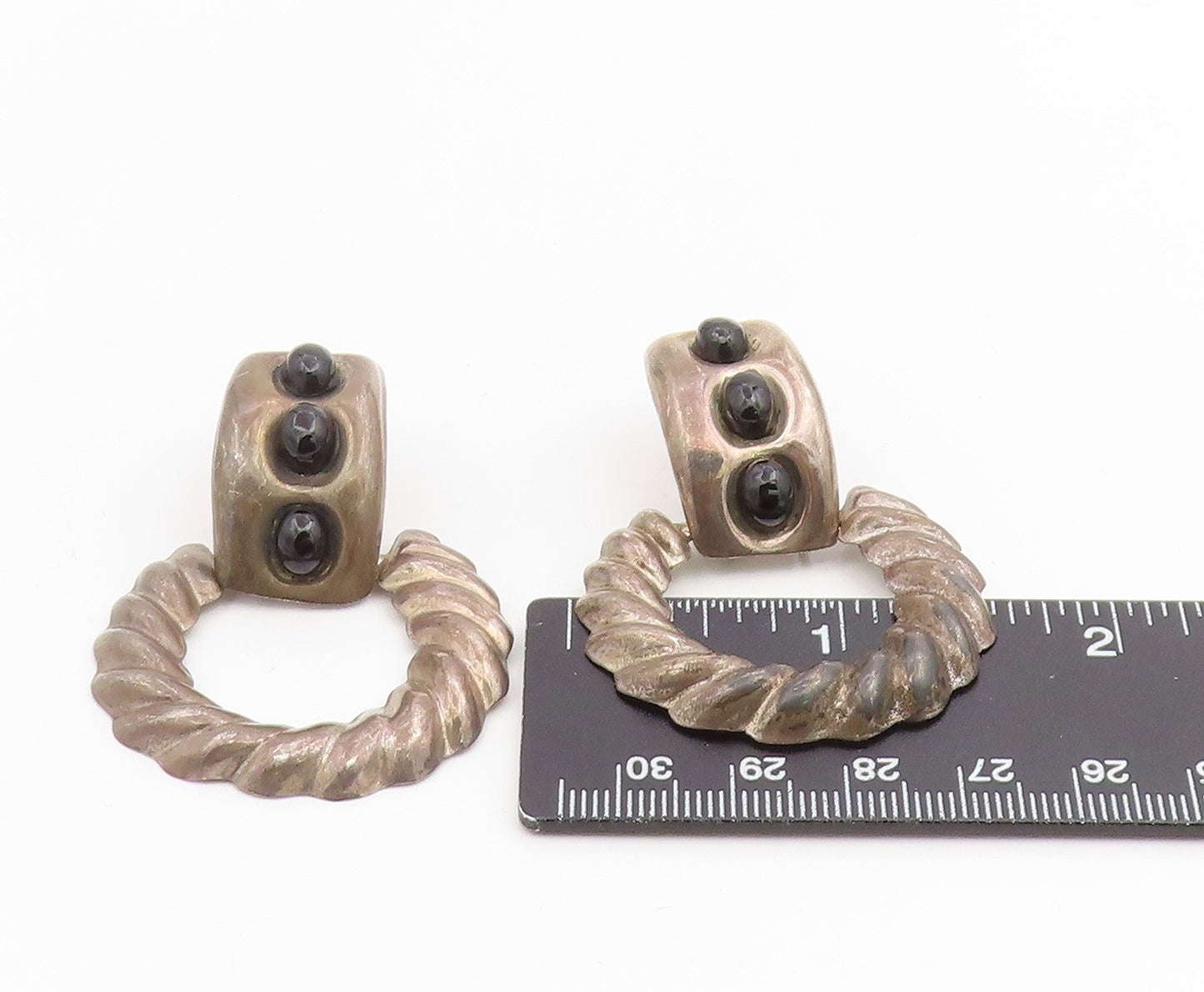925 Sterling Silver Vintage Earrings MEXICO Cabochon Onyx Twisted Rope  EG14115