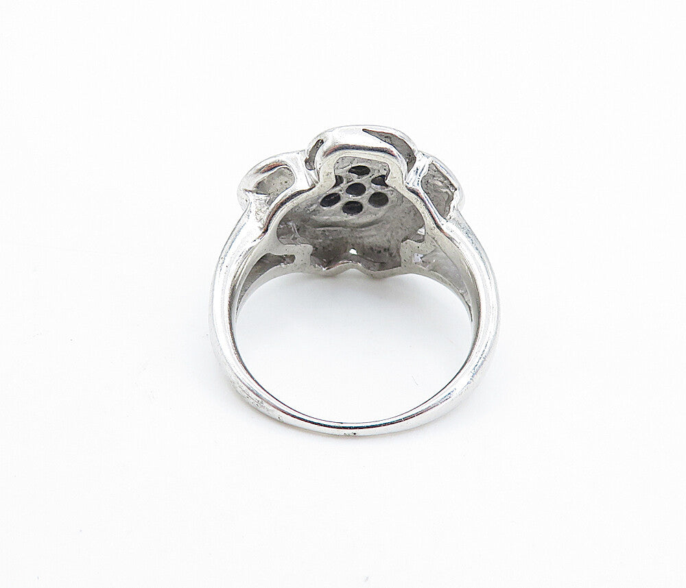 925 Sterling Silver Black Hematite Shiny Floral Statement Ring Sz 6.5 RG6573