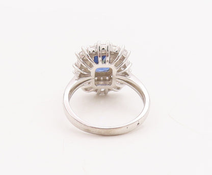925 Sterling Silver Vintage Ring Blue Rectangle & Round Halo CZ  Sz 7  RG29163