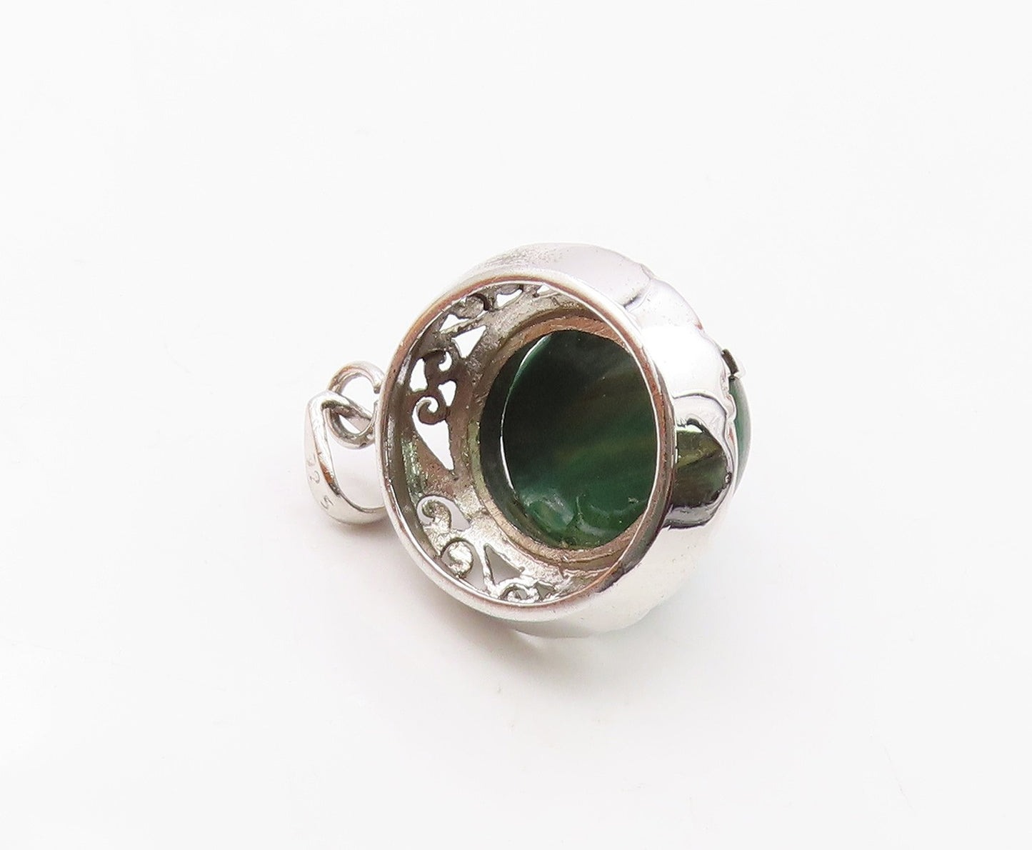 925 Sterling Silver  Vintage Cabochon Malachite Open Scroll Pendant  PT20877