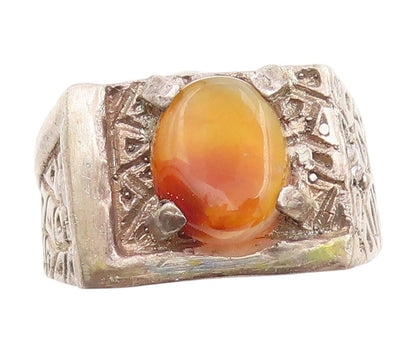 925 Sterling Silver Vintage Ring Agate & Topaz Etched Signet  Sz 10.5  RG33945