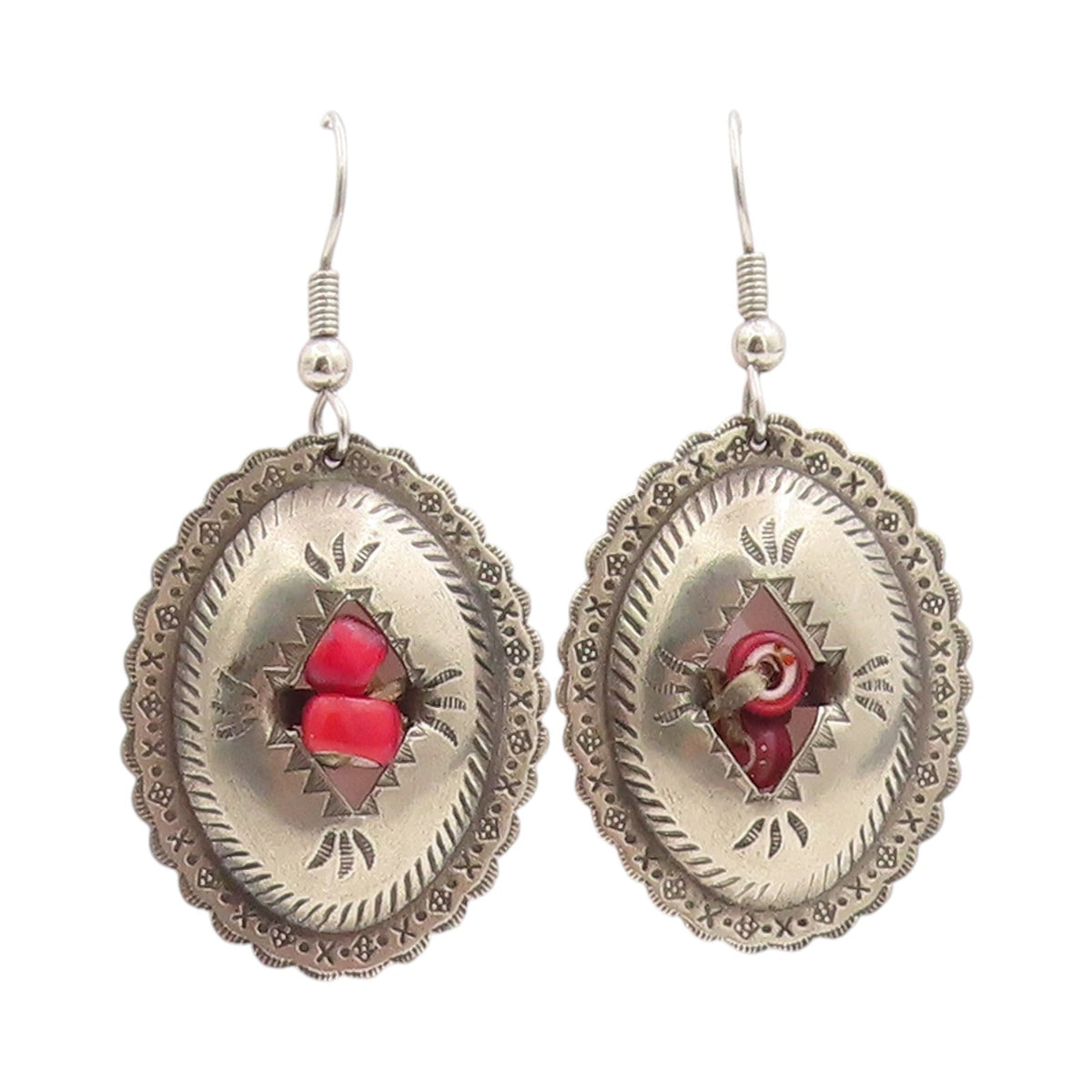 925 Sterling Silver Vintage Earrings SOUTHWESTERN Etched Oval Conchos EG13678