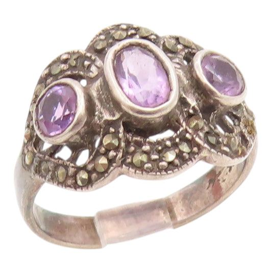925 Sterling Silver Vintage Ring Classic Amethyst & Marcasite  Sz 7.5  RG35669
