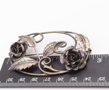 925 Sterling Silver Vintage Brooch Pin Designer Oval Cutout Flowers  BP10930