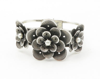 925 Sterling Silver  Vintage Petite Pearls Flower Motif Cuff Bracelet  BT5401