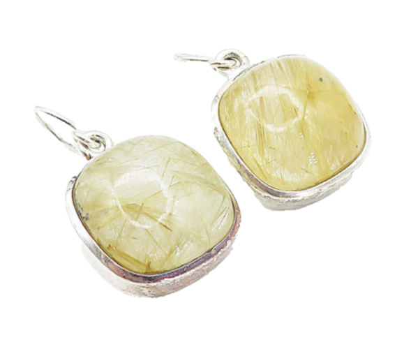 925 Sterling Silver  Vintage Cabochon Rutilated Quartz Dangle Earrings  EG3234