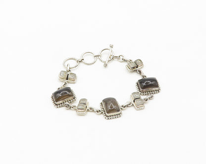 925 Sterling Silver  Vintage Smoky Topaz & Quartz Chain Bracelet  BT7725