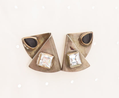 925 Sterling Silver Vintage Earrings Designer Square CZ & Triangle Onyx  EG13014