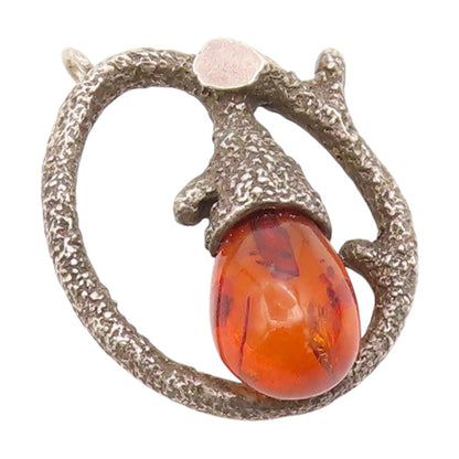 925 Sterling Silver Vintage Pendant Honey Amber Twisted Branch Motif  PT25907