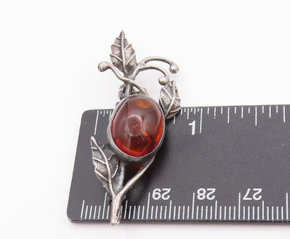925 Sterling Silver Vintage Brooch Oval Amber Etched leaves With Branch  BP11840