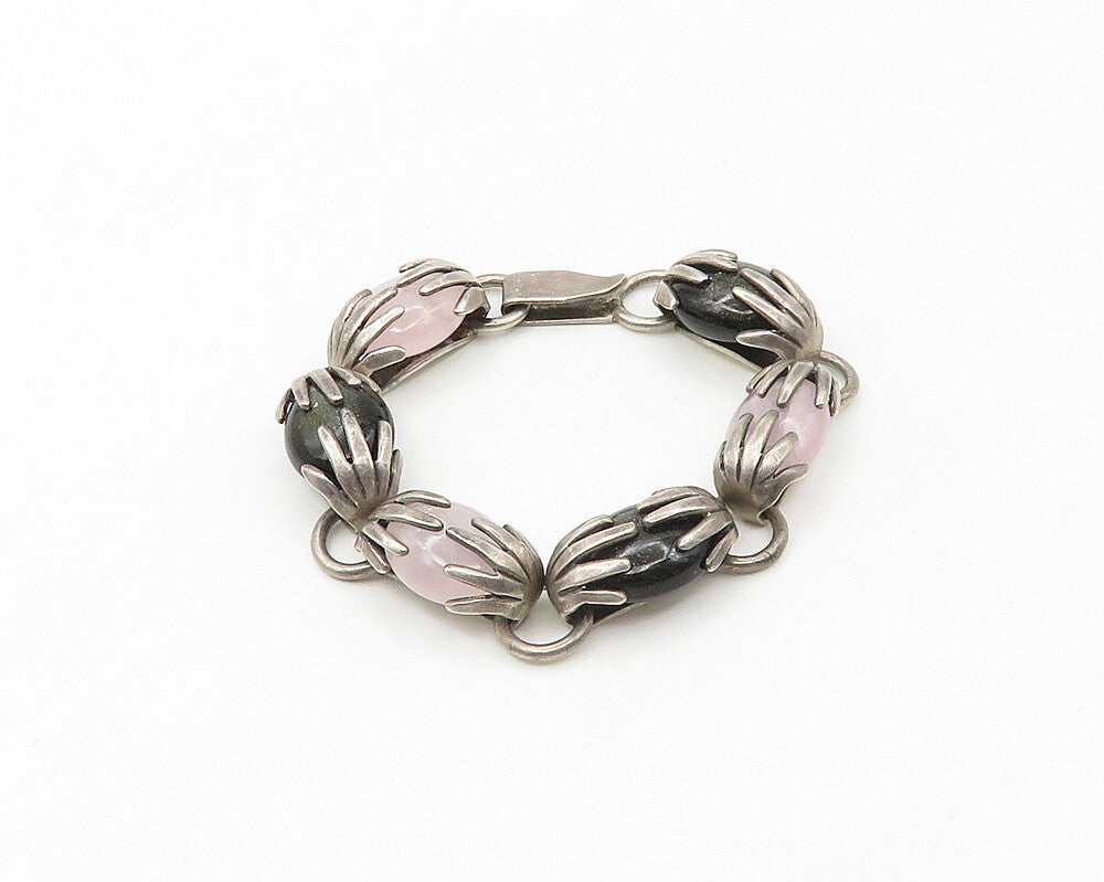 ROSI MEXICO 925 Silver  Vintage Black Onyx & Rose Quartz Chain Bracelet BT6957