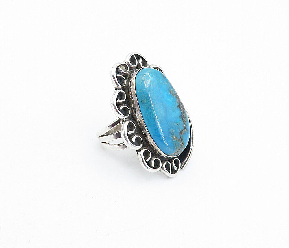 NAVAJO 925 Silver  Vintage Turquoise Leaf Swirl Cocktail Ring Sz 6  RG3871