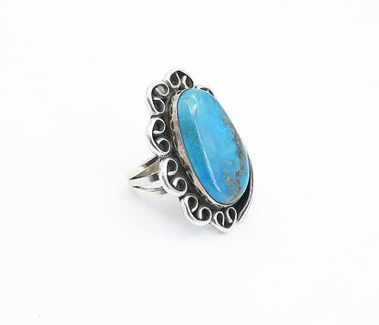 NAVAJO 925 Silver  Vintage Turquoise Leaf Swirl Cocktail Ring Sz 6  RG3871