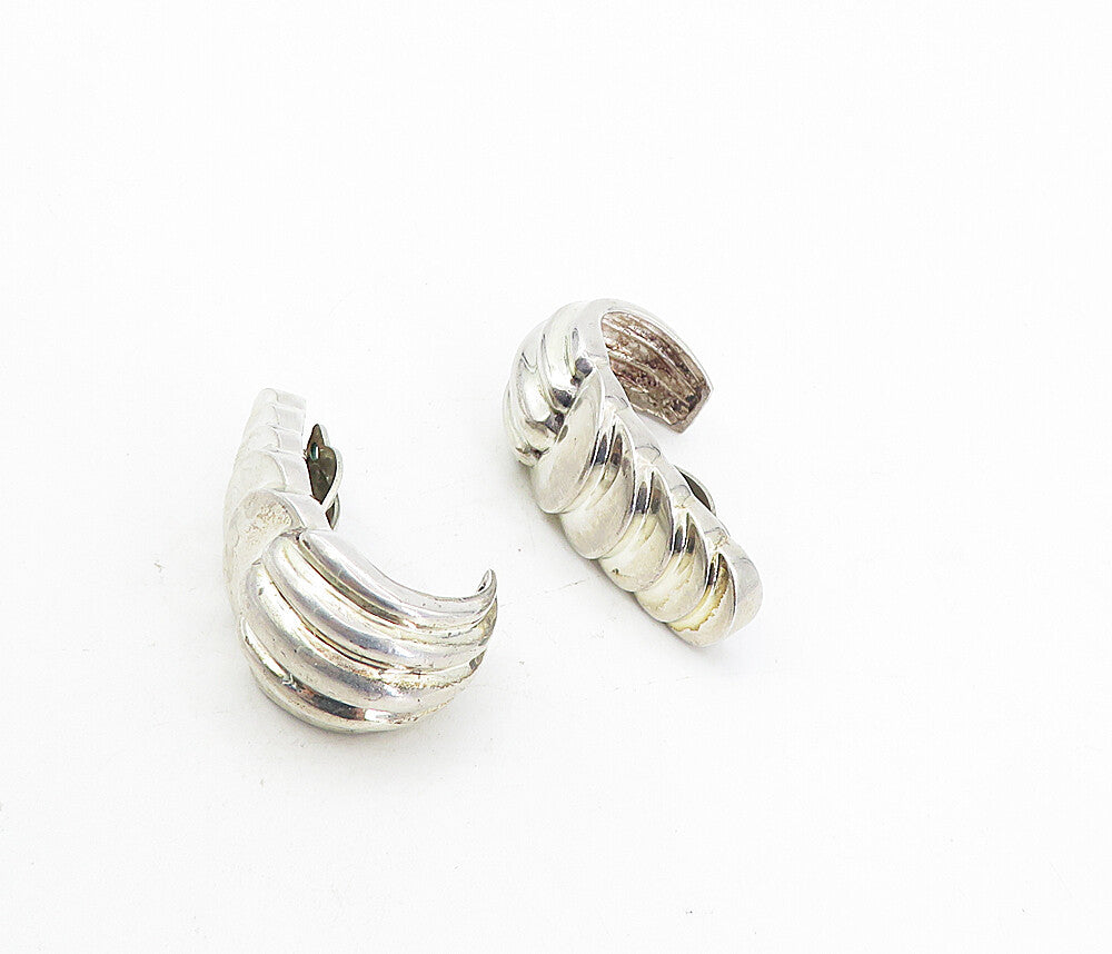 925 Sterling Silver  Vintage Shiny Fluted Curved Non Pierce Earrings  EG4221