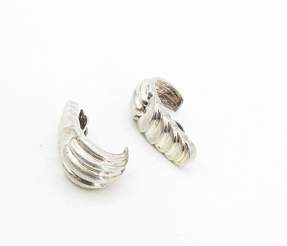 925 Sterling Silver  Vintage Shiny Fluted Curved Non Pierce Earrings  EG4221