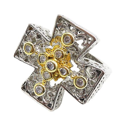 925 Sterling Silver  Topaz Accent Two Tone Cross Cocktail Ring Sz 5  RG9187