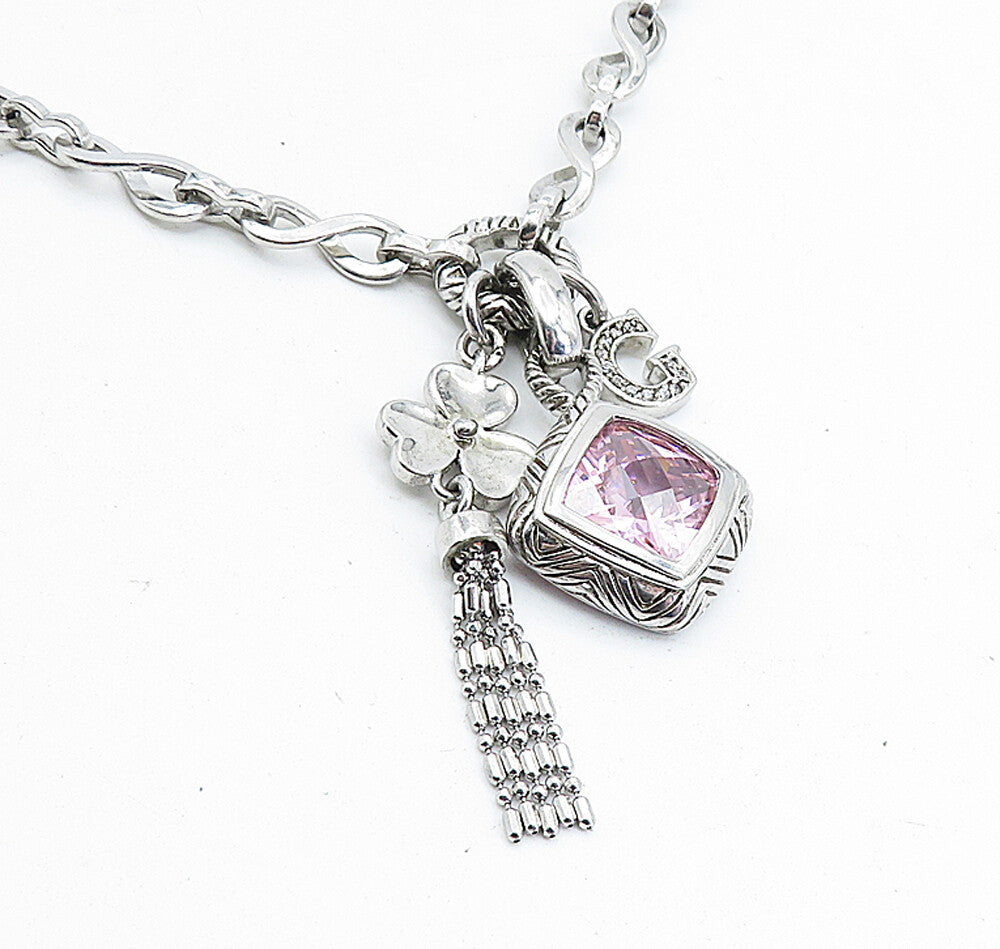 925 Sterling Silver Pink Cubic Zirconia Clover Charmed Chain Necklace NE1136