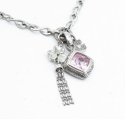 925 Sterling Silver Pink Cubic Zirconia Clover Charmed Chain Necklace NE1136