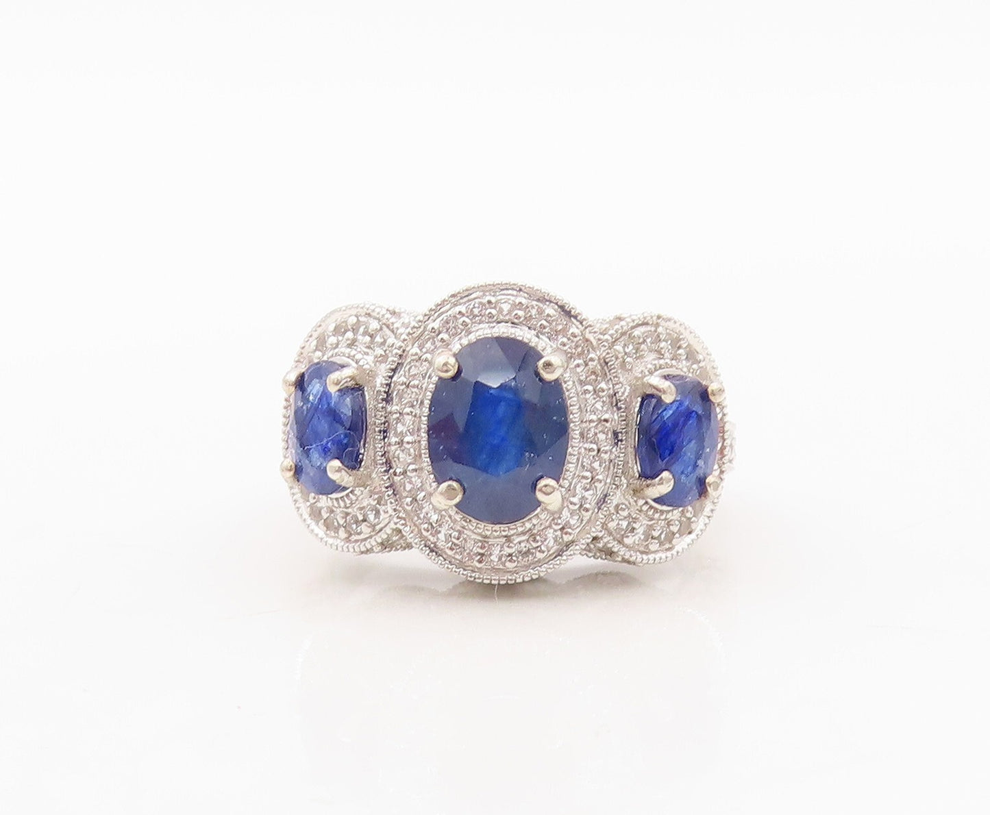 925 Sterling Silver Vintage Ring Oval Sapphire Halo CZ Inlay  Sz 7 RG30351