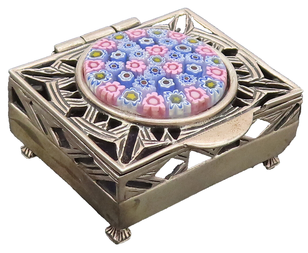925 Sterling Silver Vintage Millefiori Top Stencil Cut Pill Box (OPENS) TR3571