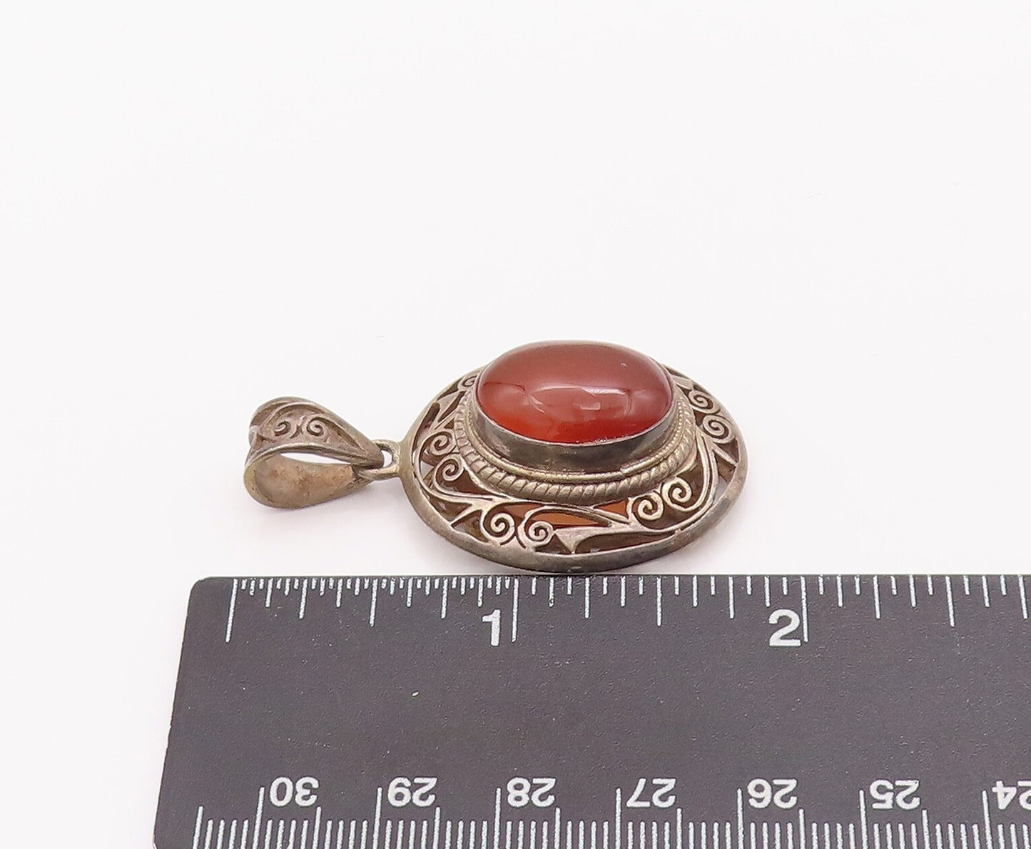 925 Sterling Silver Vintage Pendant Swirly Cutout Carved Cabochon Amber  PT22938